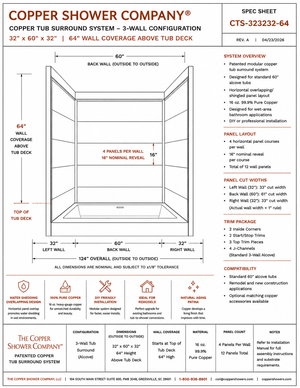 Technical drawing of a shower enclosure with dimensions and specifications for a copper tub surround system.