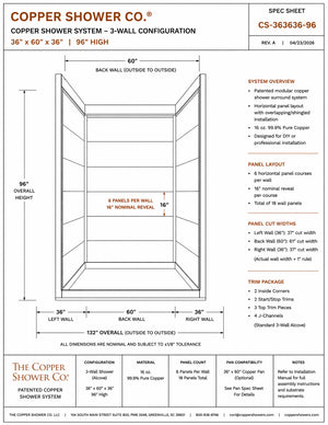 Technical drawing of a 3-wall copper shower system configuration with dimensions and specifications.